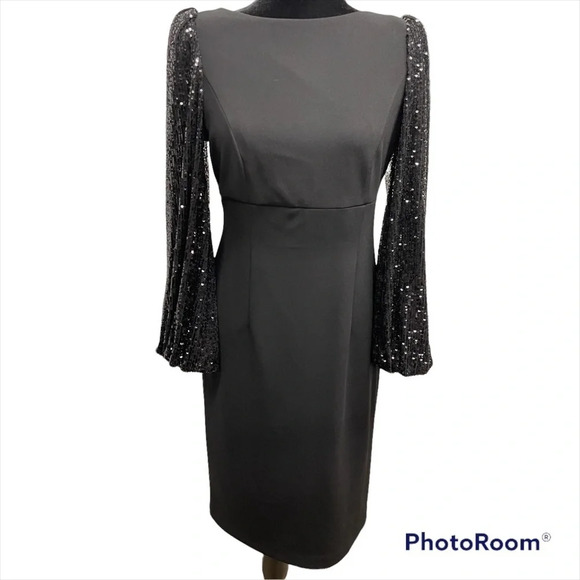 Eliza J Sequin Balloon-Sleeve Sheath Black Dress size 6 Elegant Evening Classic - Picture 5 of 11